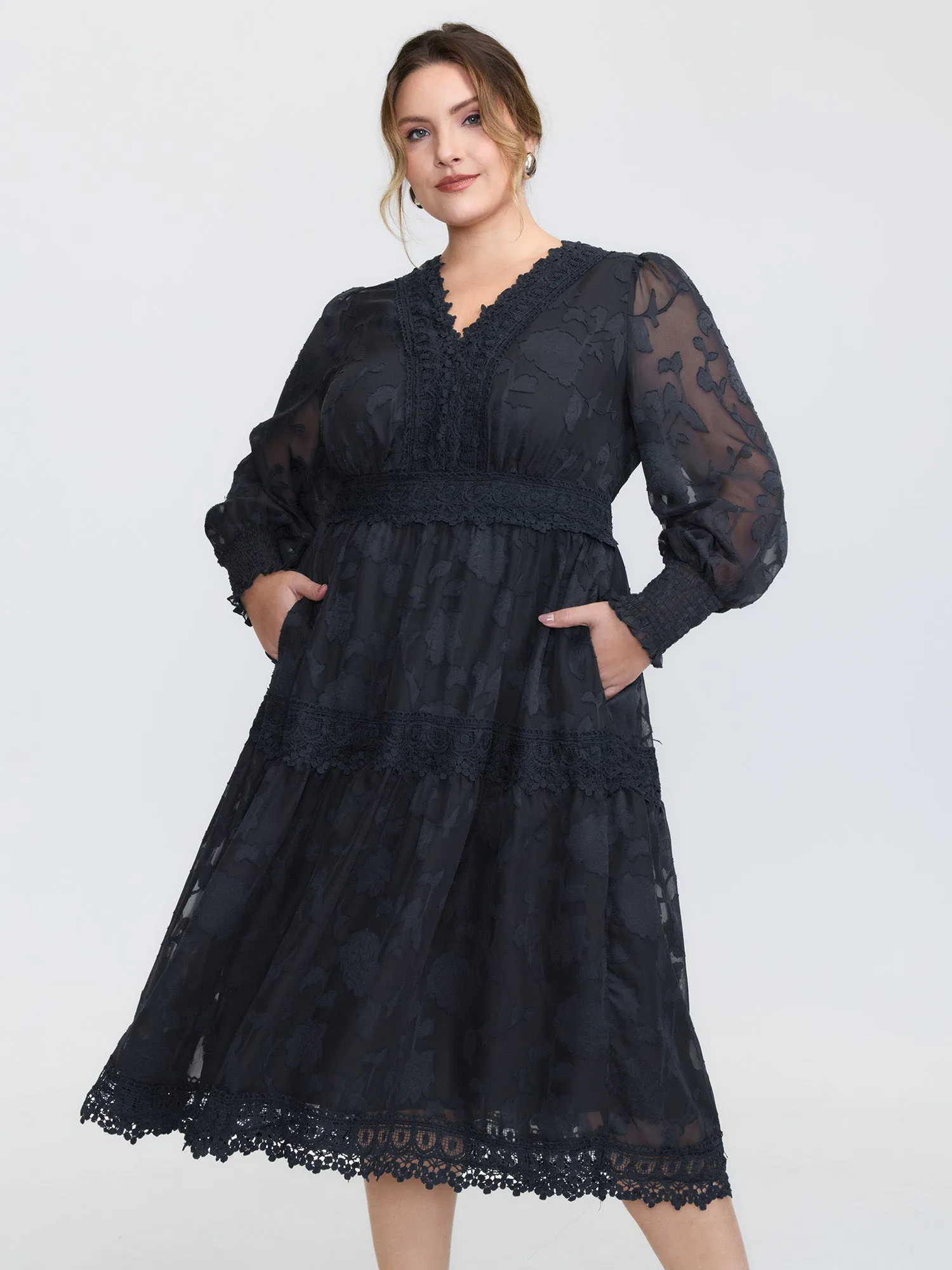 Lace Textured Pleated Waist Tiered Midi Dress sold by Bloomchic