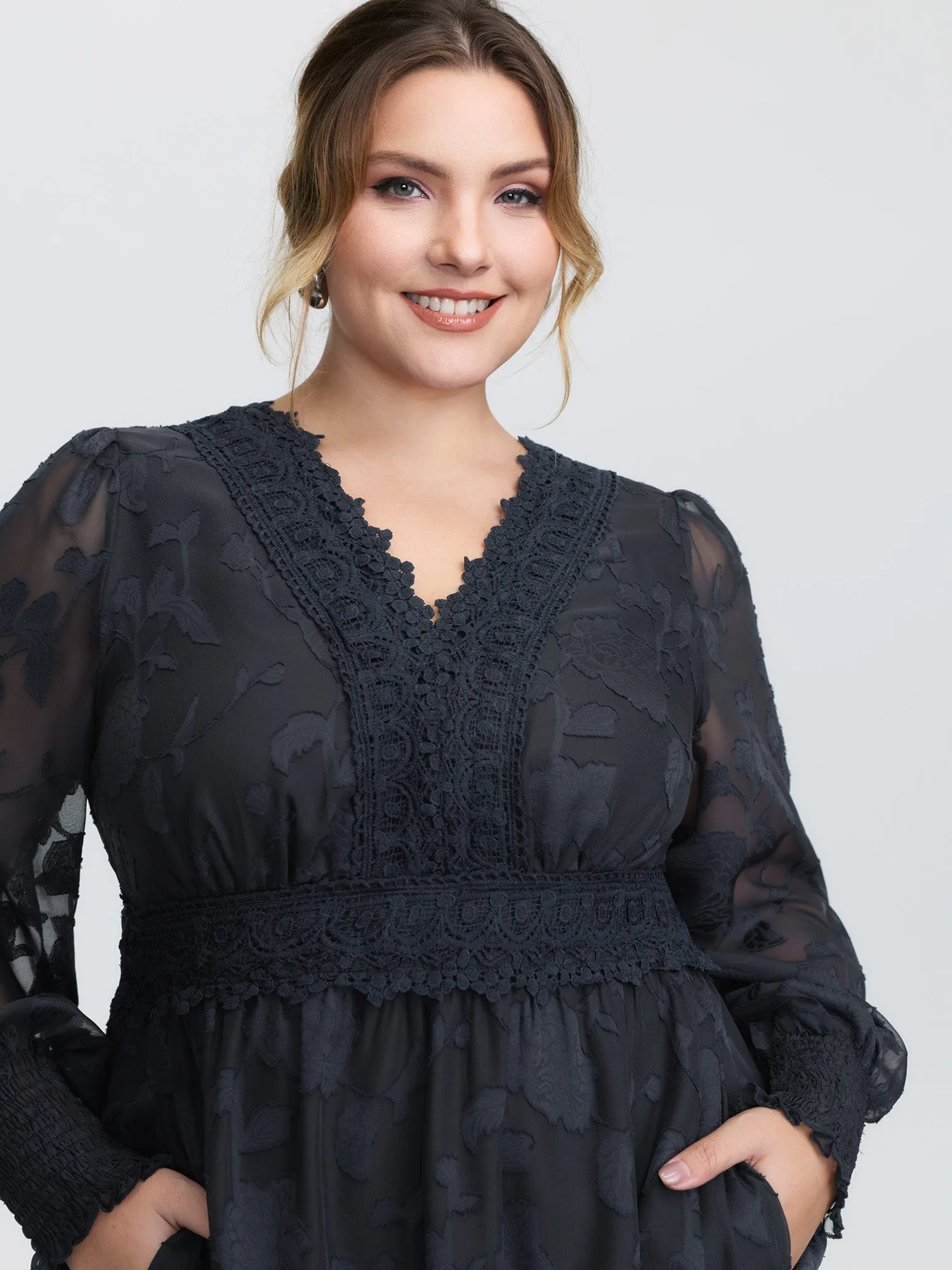 Lace Textured Pleated Waist Tiered Midi Dress sold by Bloomchic product image thumbnail 2