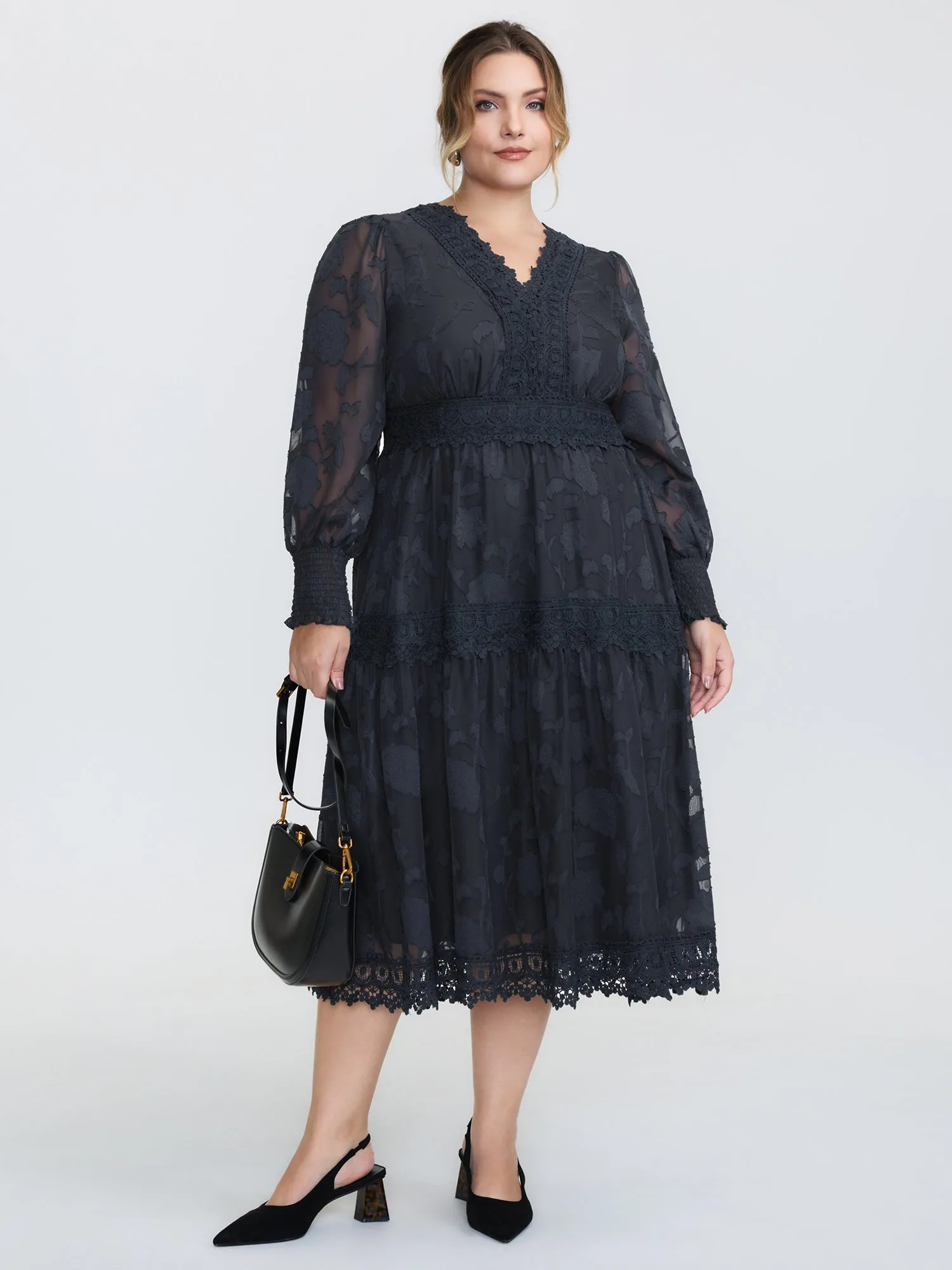 Lace Textured Pleated Waist Tiered Midi Dress sold by Bloomchic product image thumbnail 3