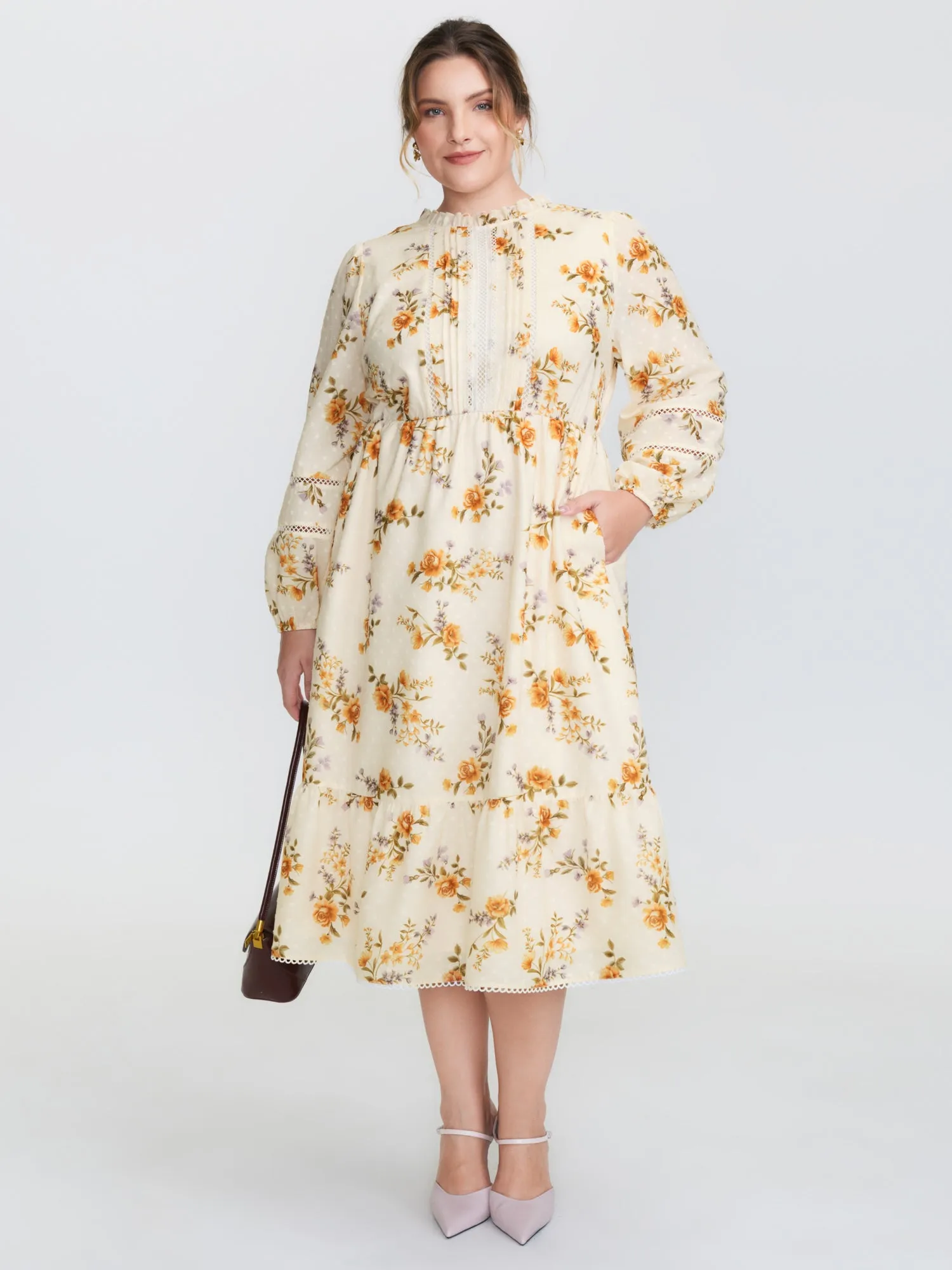 Floral Textured Lace Trim Flowy Midi Dress sold by Bloomchic product image thumbnail 3