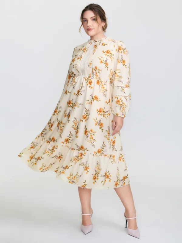 Floral Textured Lace Trim Flowy Midi Dress sold by Bloomchic