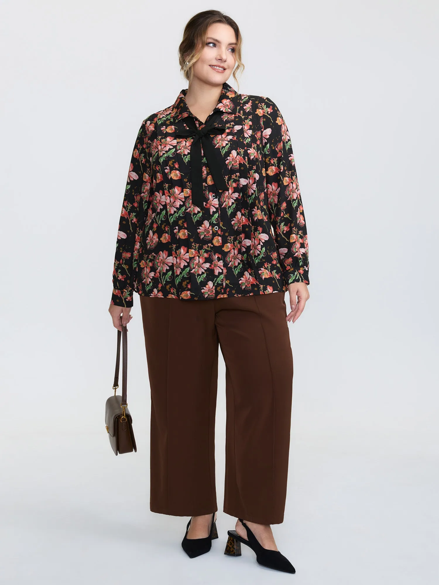 Floral Print Pleated Bow Button-Down Shirt sold by Bloomchic product image thumbnail 3