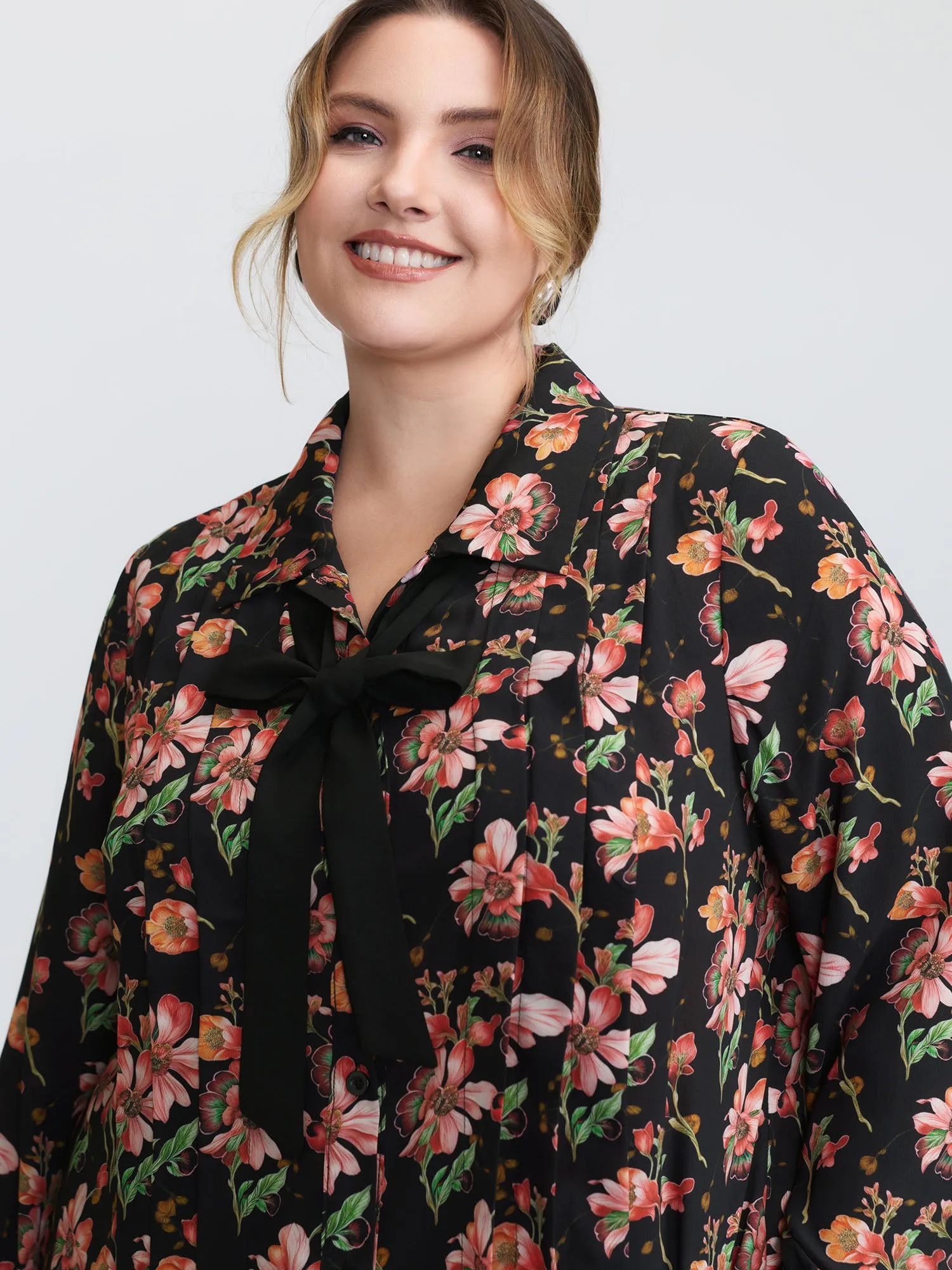 Floral Print Pleated Bow Button-Down Shirt sold by Bloomchic product image thumbnail 2