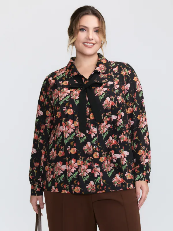 Floral Print Pleated Bow Button-Down Shirt sold by Bloomchic