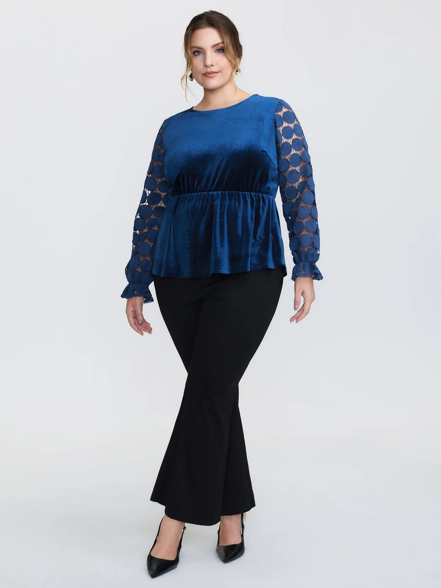 Velvet Sheer Lace Sleeve Flared Blouse sold by Bloomchic product image thumbnail 3