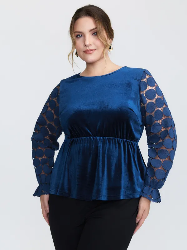 Velvet Sheer Lace Sleeve Flared Blouse sold by Bloomchic