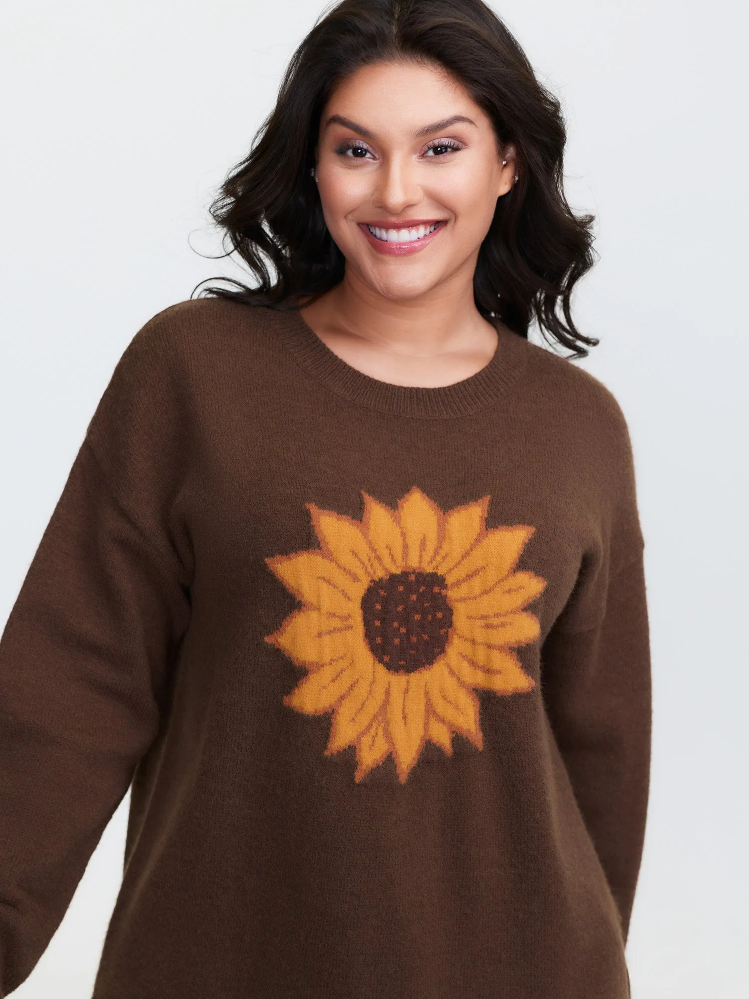 Supersoft Sunflower Pattern Round Neck Pullover sold by Bloomchic