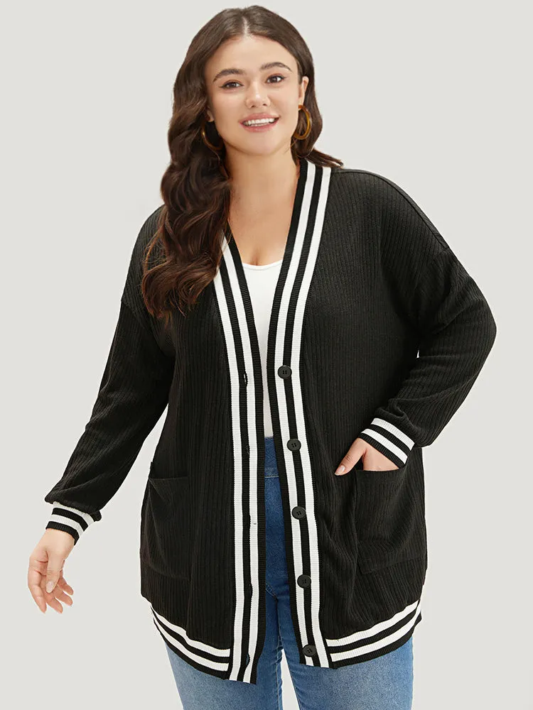 Halloween Patchwork Striped Pocket Button Up Rib Knit Coat sold by Bloomchic