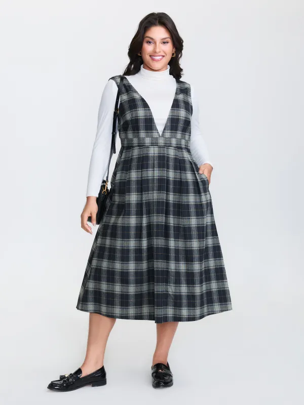 Plaid Pattern Deep V-Neck Midi Dress sold by Bloomchic
