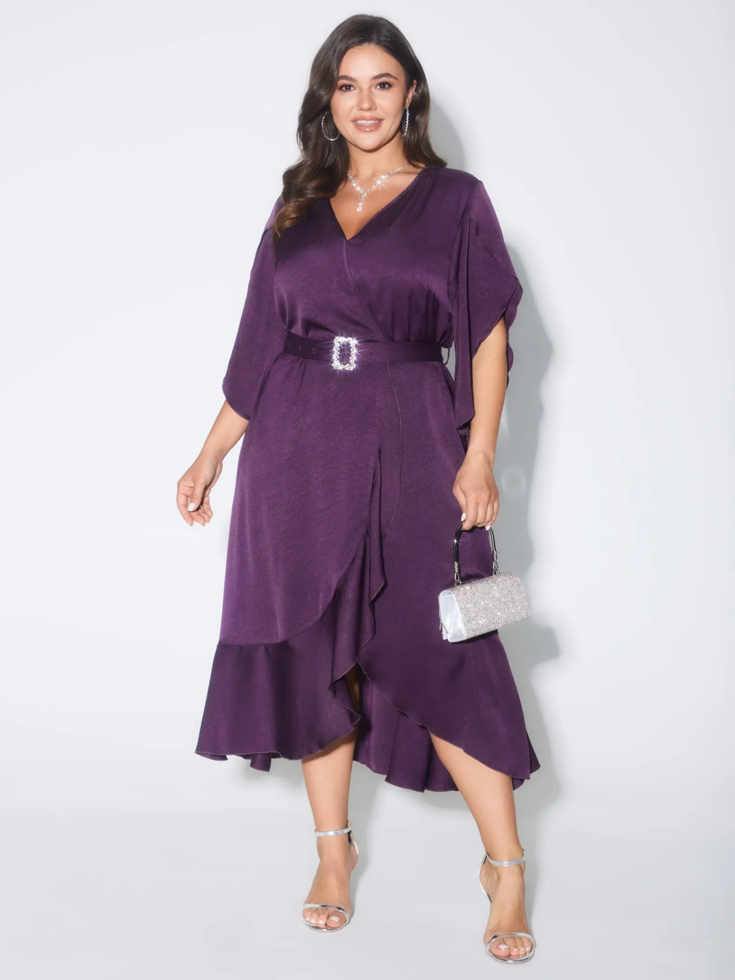 Petal Trim Sleeve Belted Waist Midi Dress sold by Bloomchic product image thumbnail 3