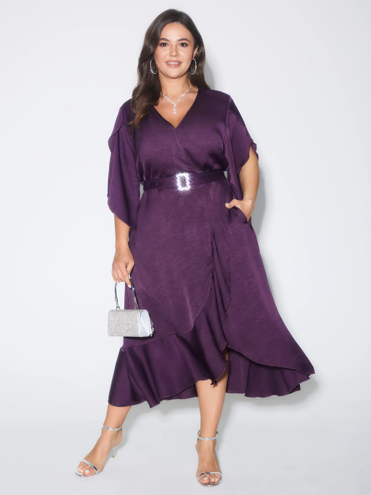 Petal Trim Sleeve Belted Waist Midi Dress sold by Bloomchic
