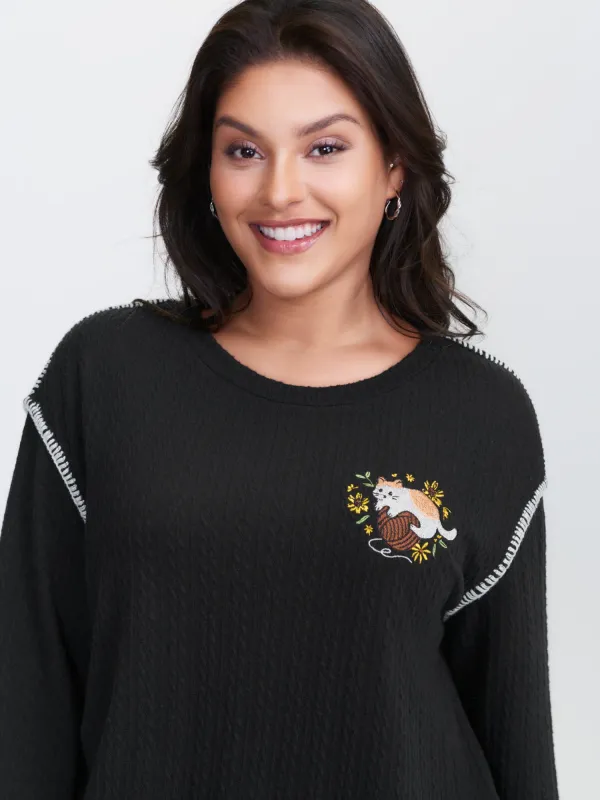 Cat Embroidered Dogstooth Edge Sweatshirt sold by Bloomchic