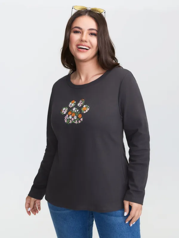 Floral Paws Embroidered Curvy Hem T-Shirt sold by Bloomchic