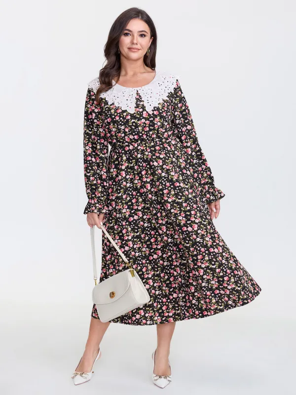 Lace Neckline Stretchy Waist-Defining Midi Dress sold by Bloomchic