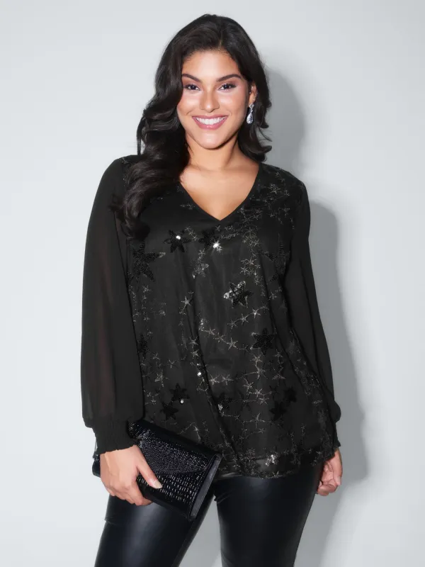 Shimmery Sequin Shirred Cuff Blouse sold by Bloomchic