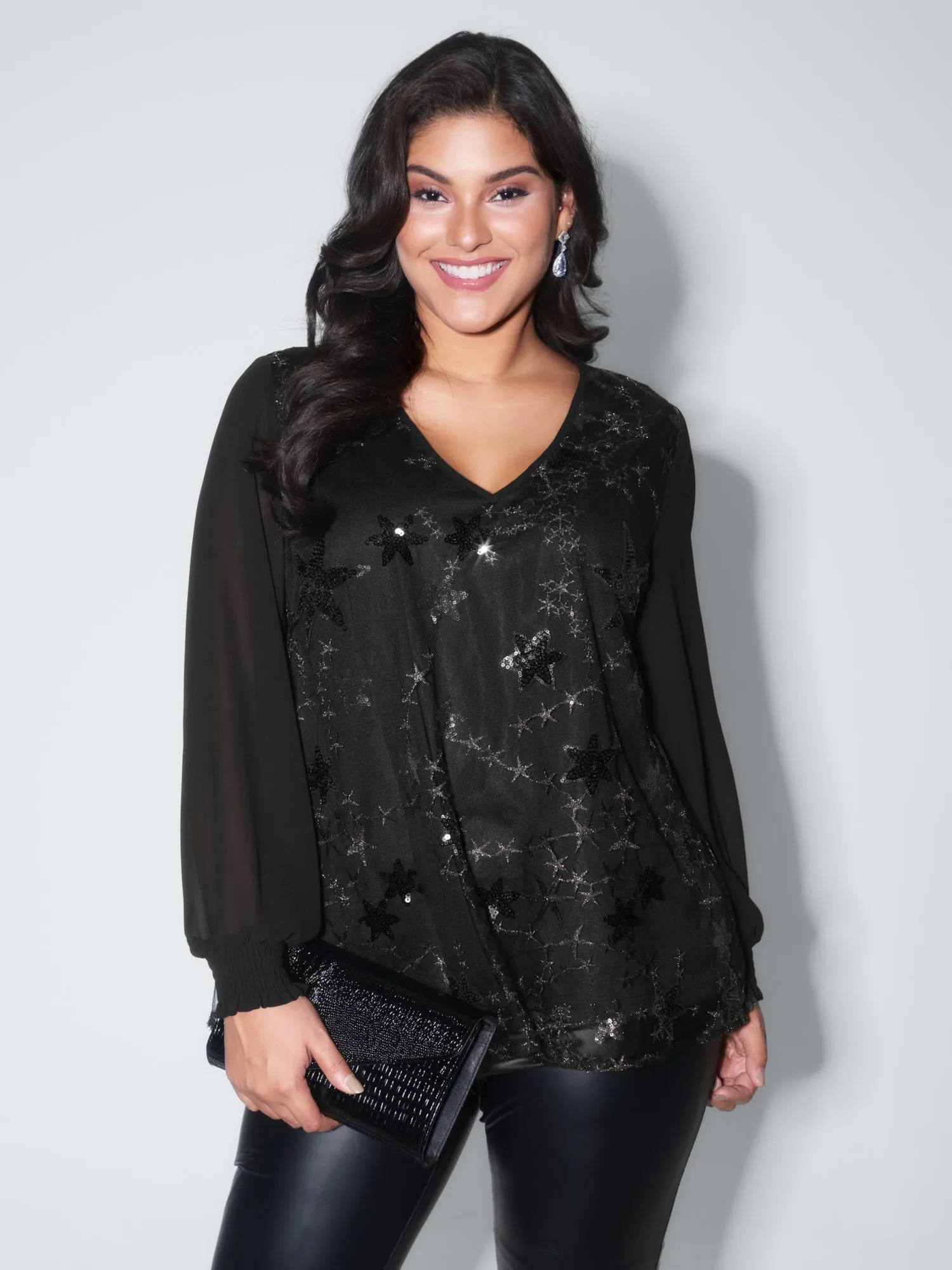 Shimmery Sequin Shirred Cuff Blouse sold by Bloomchic
