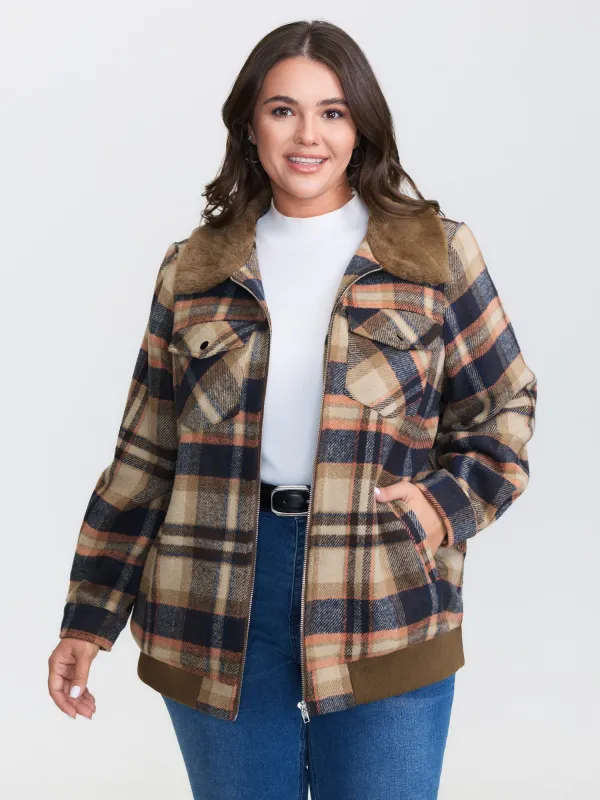 Plaid Pattern Fuzzy Collar Zipper Jacket sold by Bloomchic