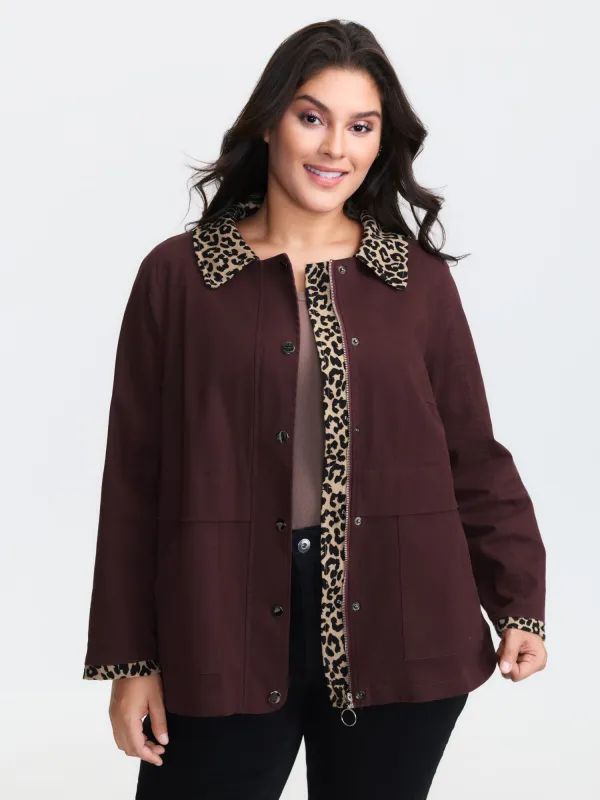 Leopard Print Collar Button-Front Zipper Jacket made by Bloomchic