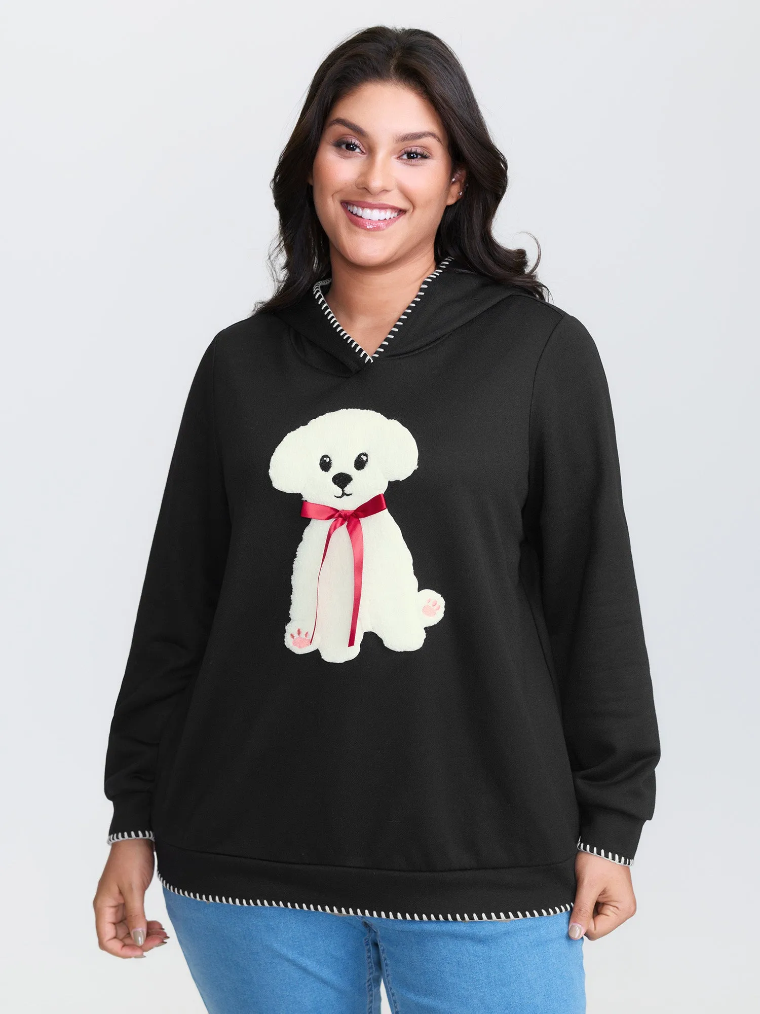 Puppy Embroidered Stretchy Contrast Hoodie sold by Bloomchic product image thumbnail 2