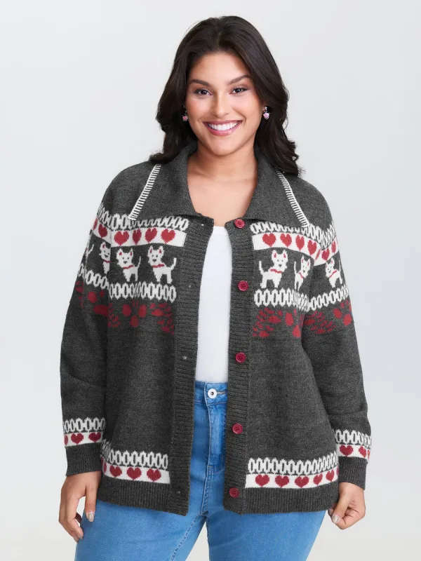 Animal Print Jacquard Polo Collar Knit Cardigan sold by Bloomchic