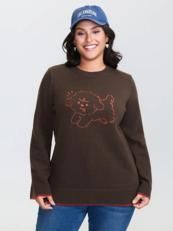 Stretchy Puppy Pattern Embroidered Contrast Pullover sold by Bloomchic