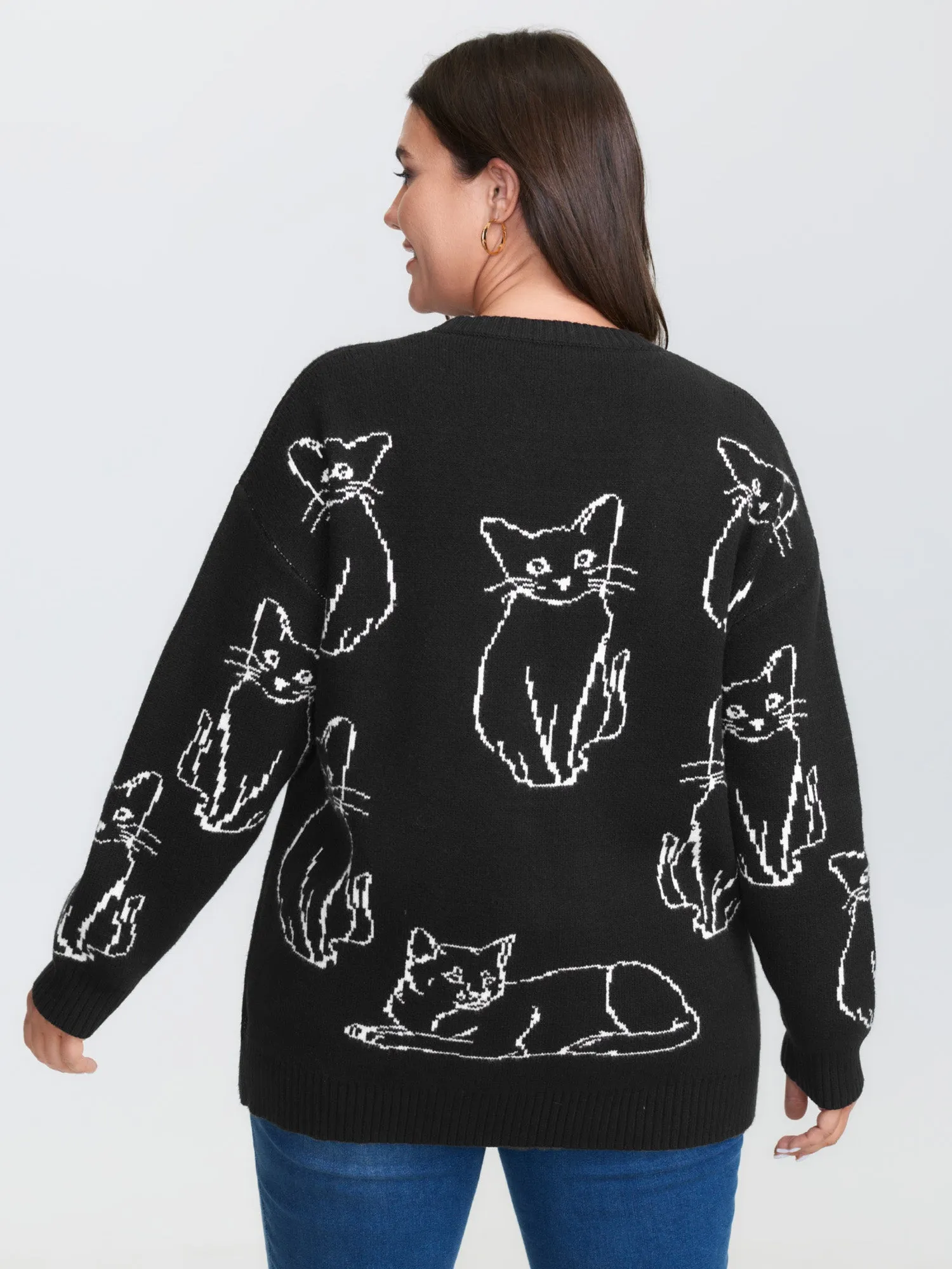 Cat Jacquard Pattern Drop Shoulder Pullover sold by Bloomchic product image thumbnail 4