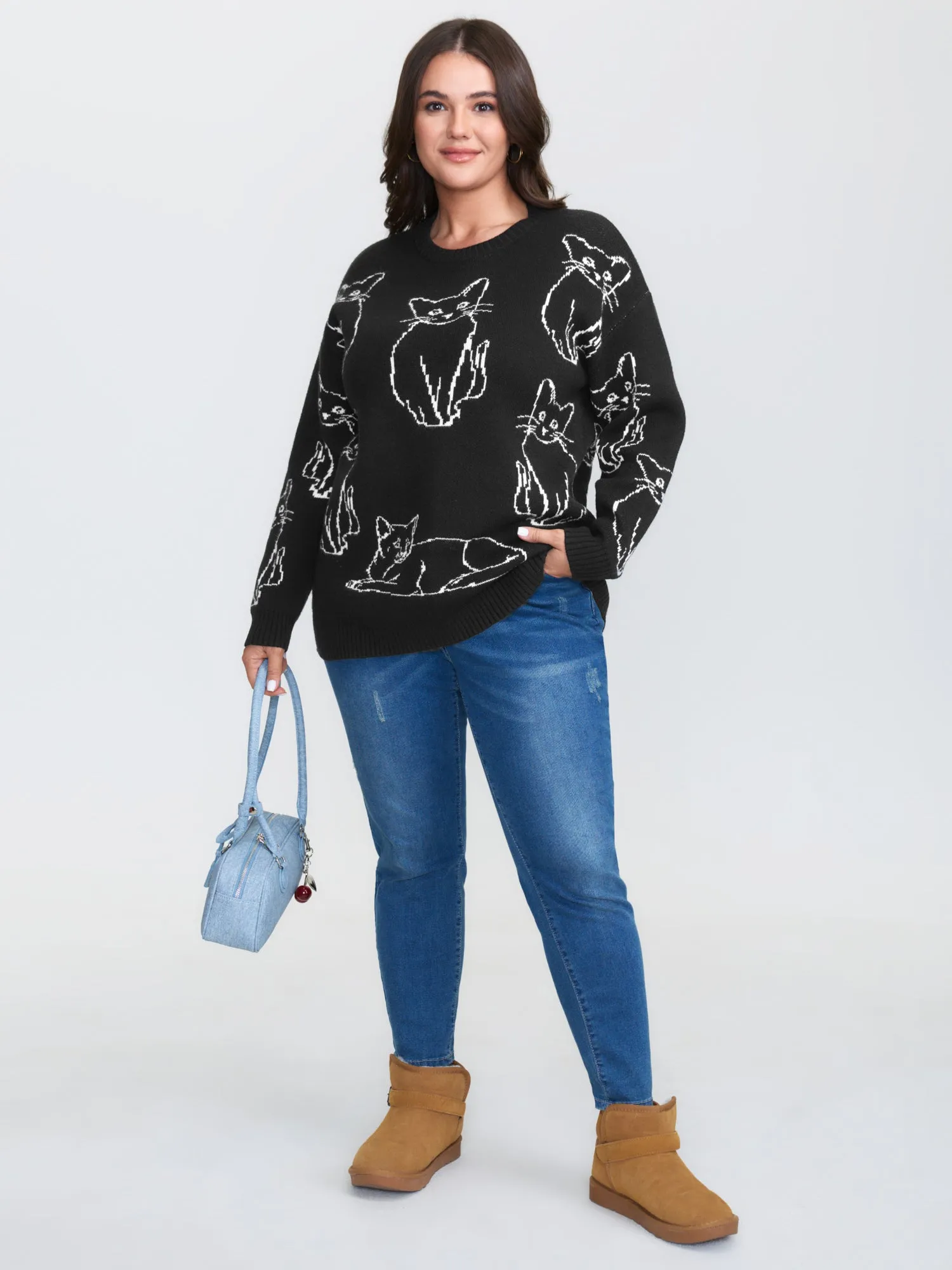 Cat Jacquard Pattern Drop Shoulder Pullover sold by Bloomchic product image thumbnail 3