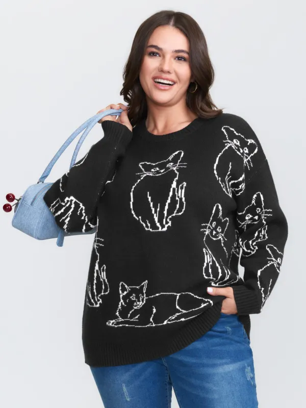 Cat Jacquard Pattern Drop Shoulder Pullover sold by Bloomchic