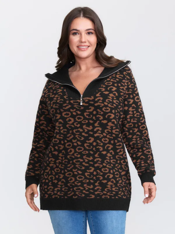Leopard Jacquard Print Polo Collar Knit Cardigan sold by Bloomchic