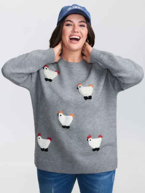Chicken Embroidered Crew Neck Pullover sold by Bloomchic