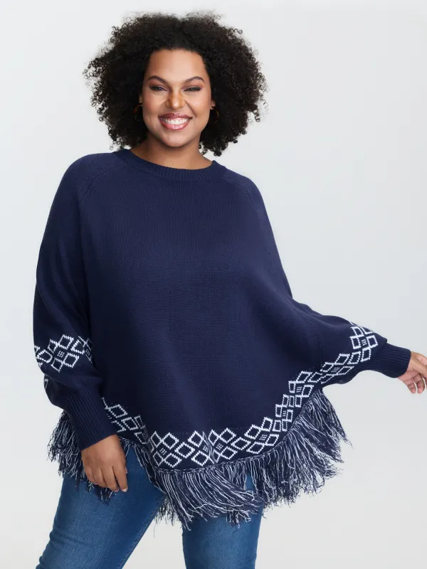 Jacquard Geometric Pattern Fringe Pullover sold by Bloomchic