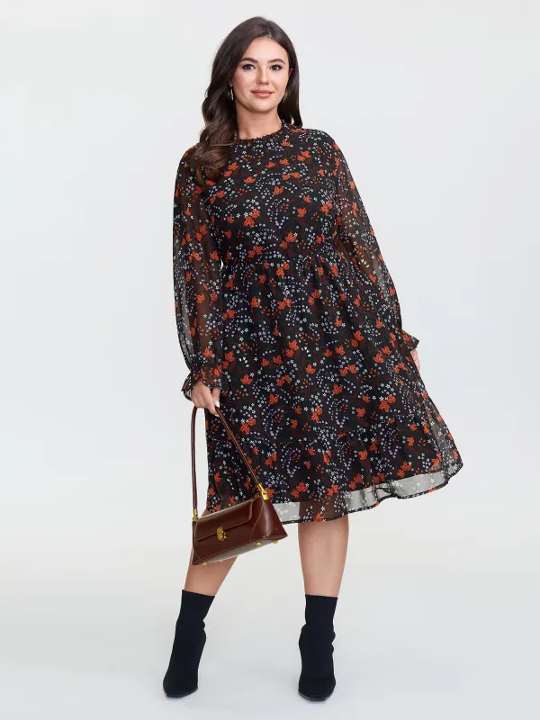 Chiffon Floral Print Ruffled Neck Midi Dress sold by Bloomchic