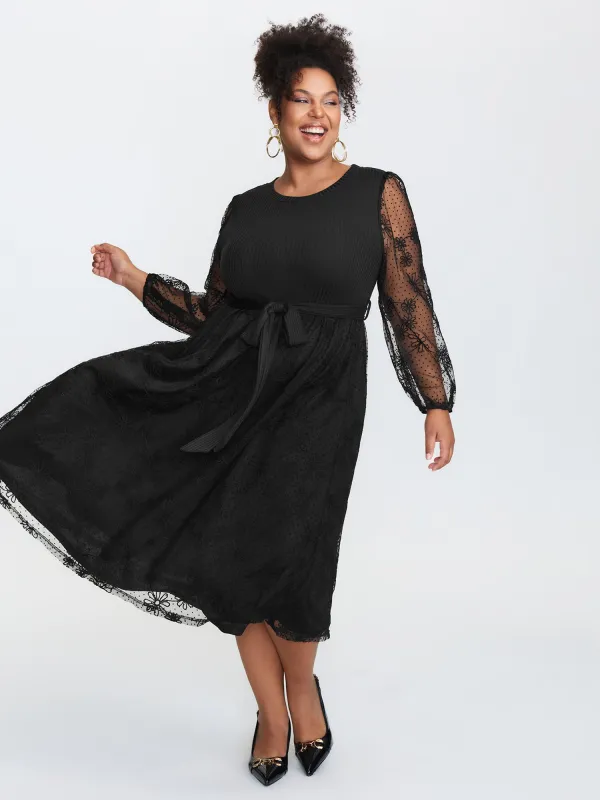 Sheer Floral Sleeve Belted Waist Midi Dress sold by Bloomchic