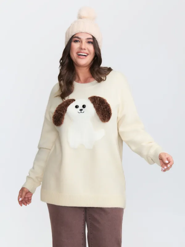 3D Puppy Embroidered Stretchy Drop Shoulder Pullover sold by Bloomchic