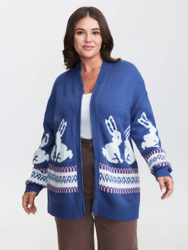 Rabbit Pattern Zipper Baseball Collar Knit Cardigan made by Bloomchic