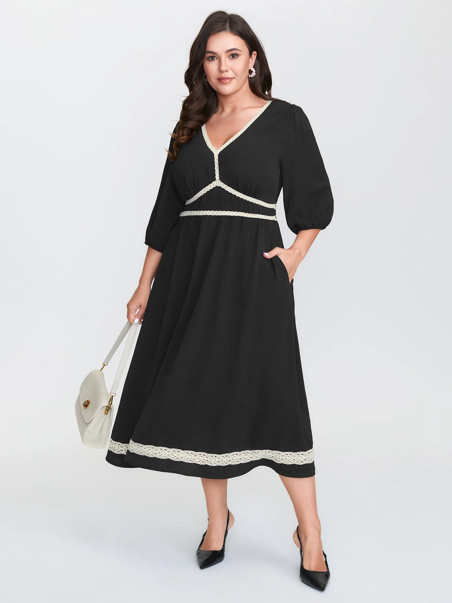 Shirred Waist V-Neck Contrast Midi Dress sold by Bloomchic