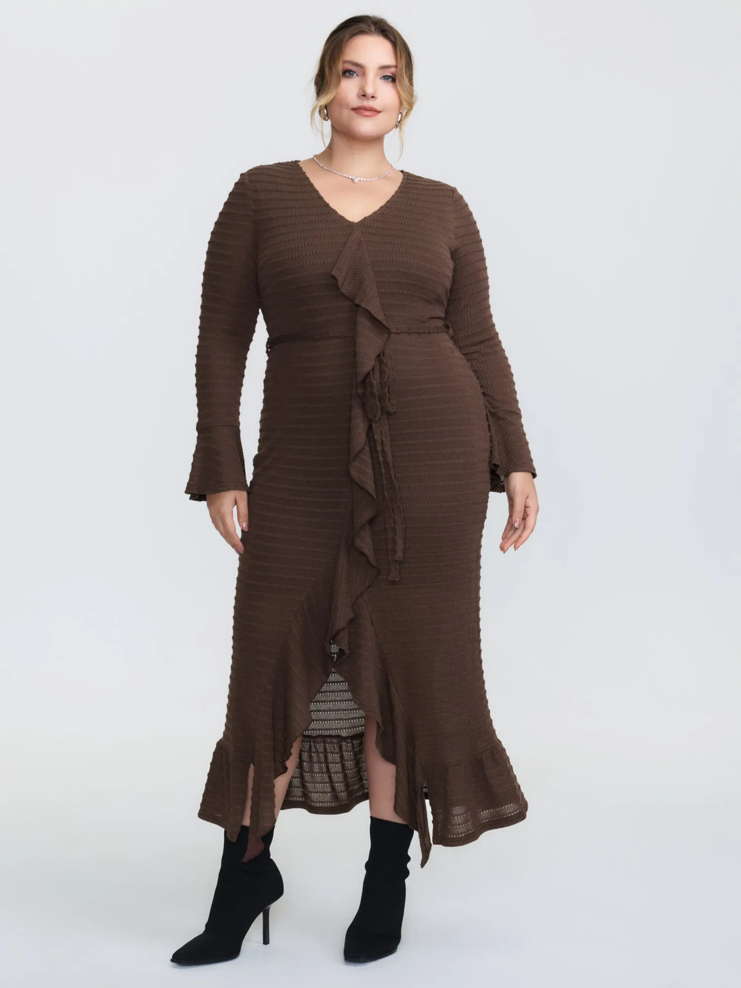 Ruffled Front Slit Ribbed Maxi Dress sold by Bloomchic