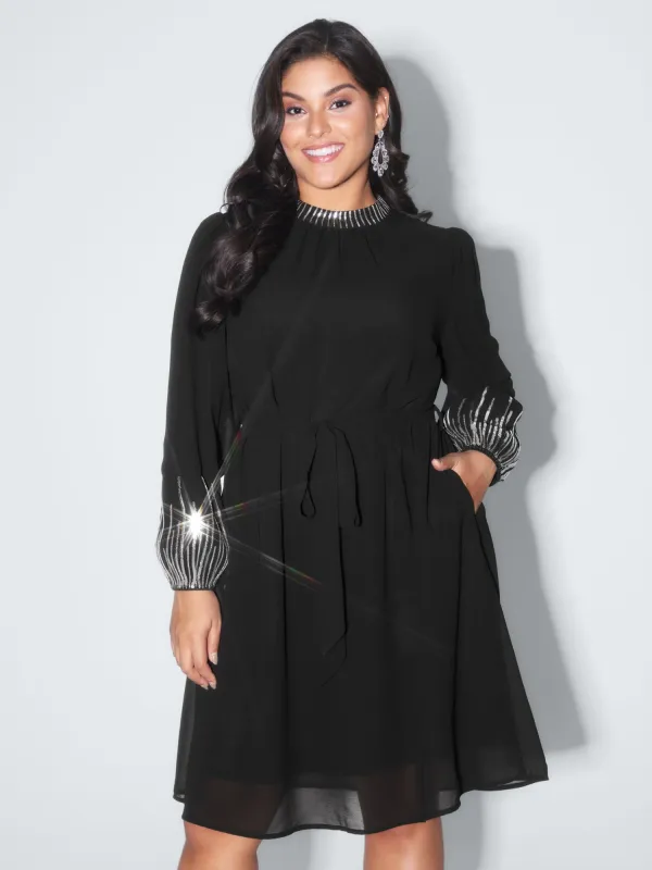 Sequin Embroidery Pockets Belted Midi Dress sold by Bloomchic