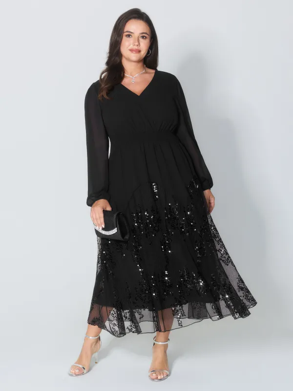 Sequin Mesh Asymmetrical Hem Maxi Dress sold by Bloomchic