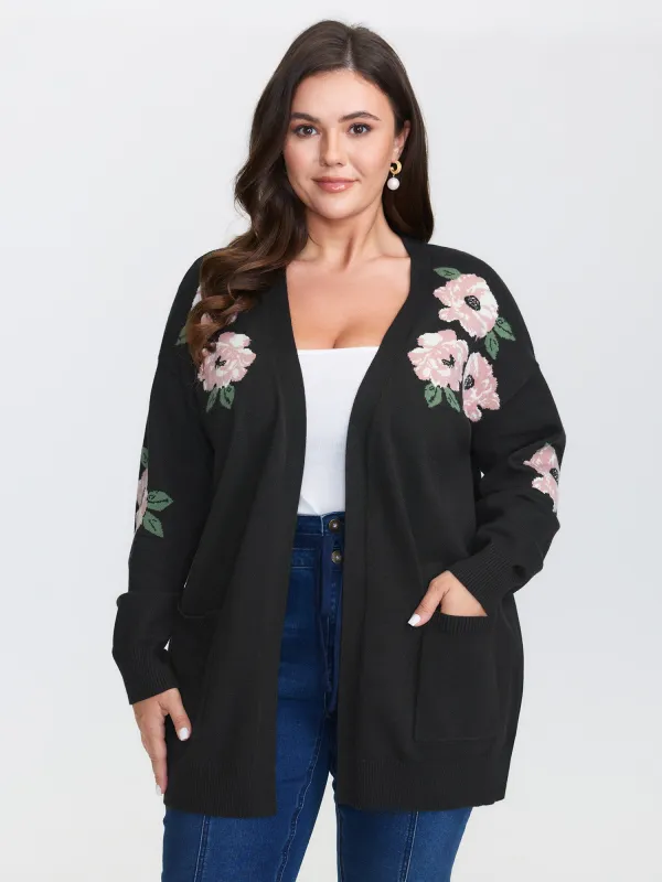 Floral Jacquard Pattern Pockets Knit Cardigan sold by Bloomchic