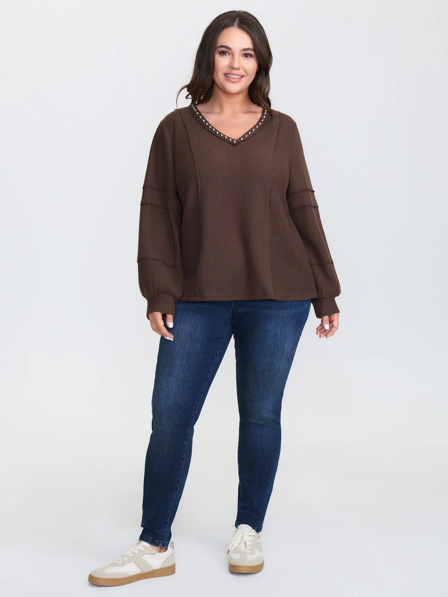 Brushed Waffle Rivet Neckline Sweatshirt sold by Bloomchic product image thumbnail 2