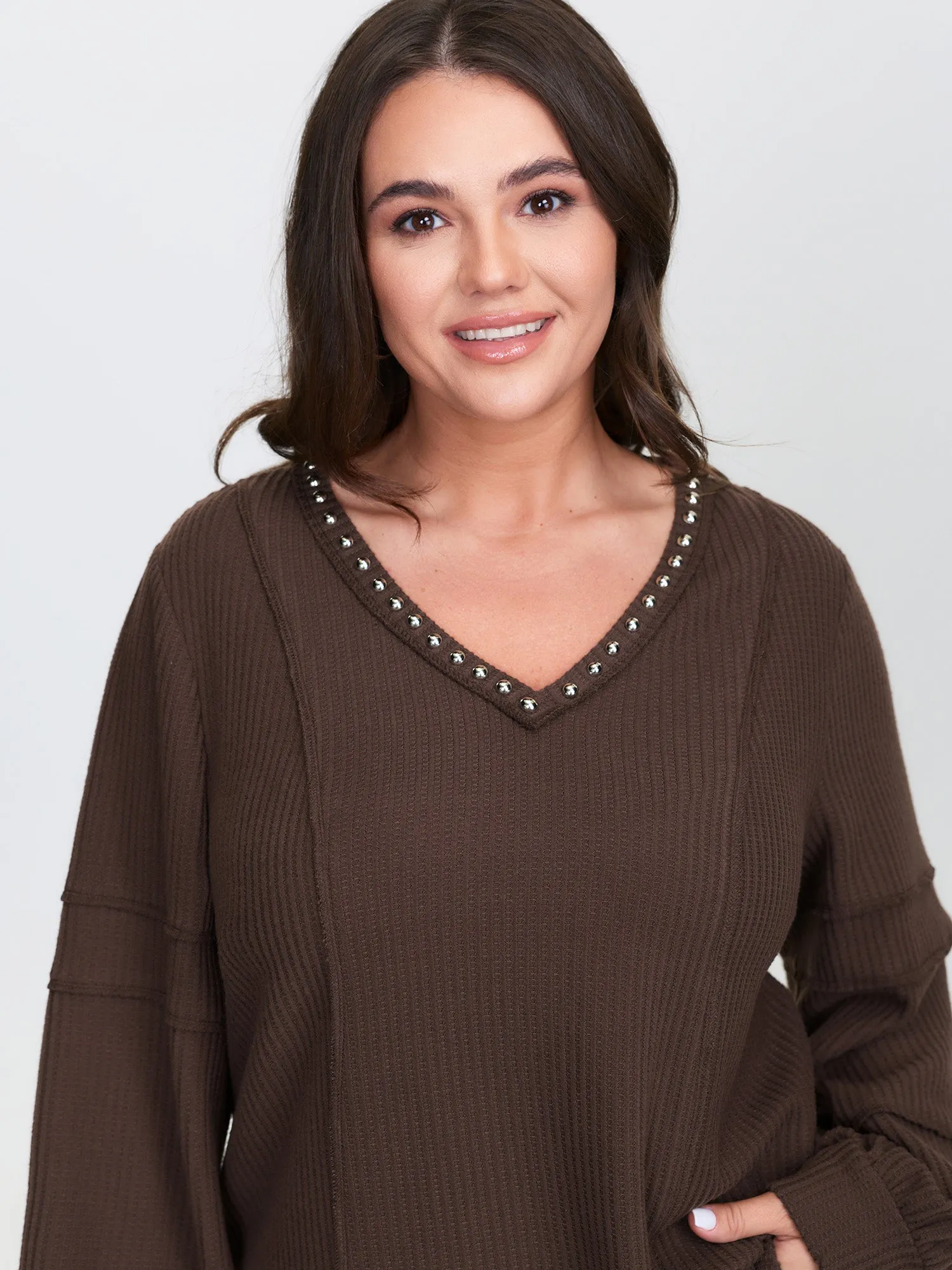Brushed Waffle Rivet Neckline Sweatshirt sold by Bloomchic product image thumbnail 3