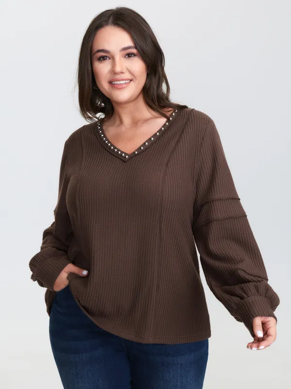 Brushed Waffle Rivet Neckline Sweatshirt sold by Bloomchic