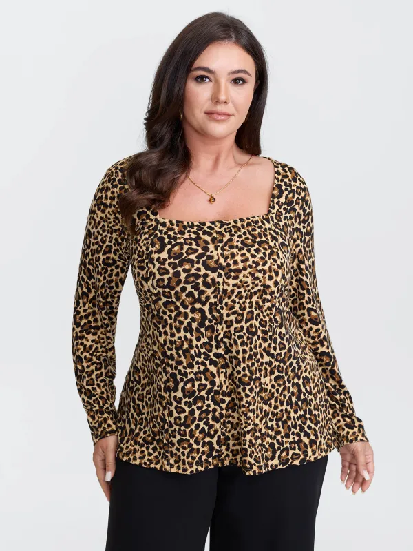 Leopard Print Square Neckline T-Shirt sold by Bloomchic