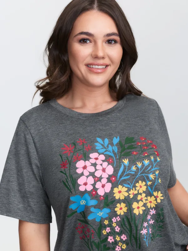 Colorful Floral Round Neck T-Shirt sold by Bloomchic