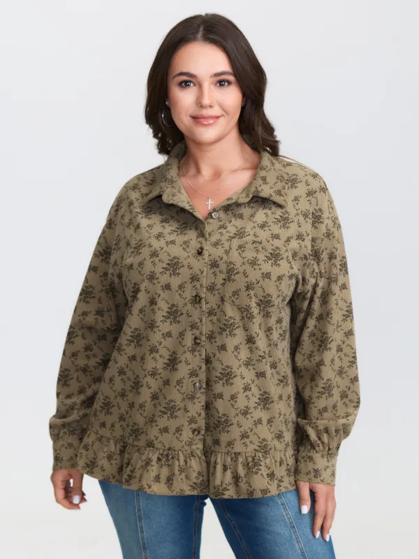 Corduroy Ruffled Button-Down Shirt sold by Bloomchic