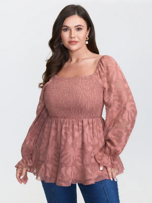 Textured Shirred Bodice Ruffled Cuff Blouse sold by Bloomchic