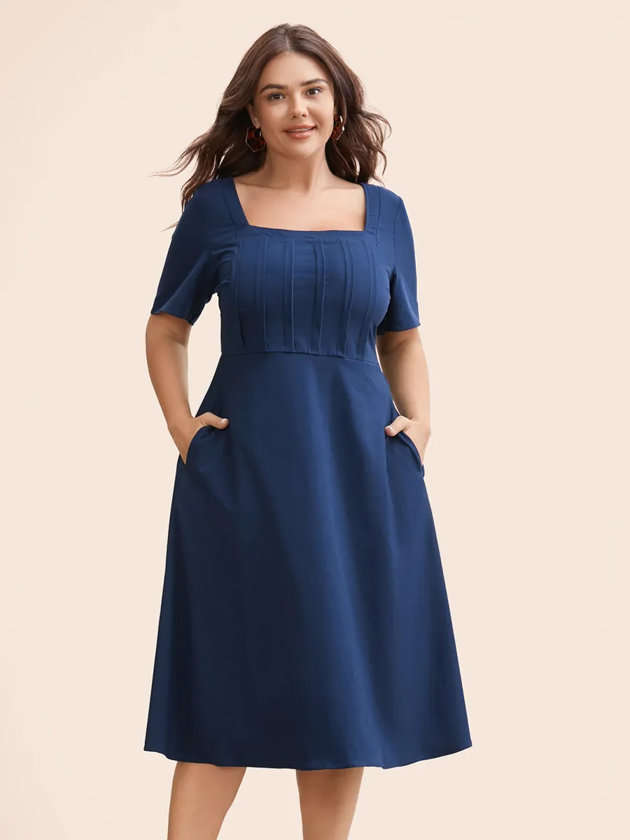 Solid Square Neck Pleated Midi Dress sold by Bloomchic