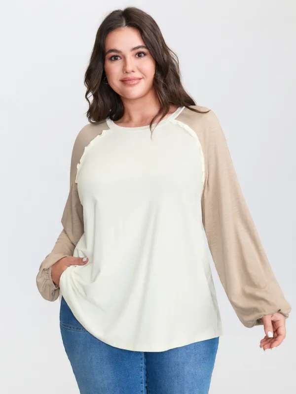 Lace Trim Raglan Sleeve Color Contrast T-Shirt sold by Bloomchic