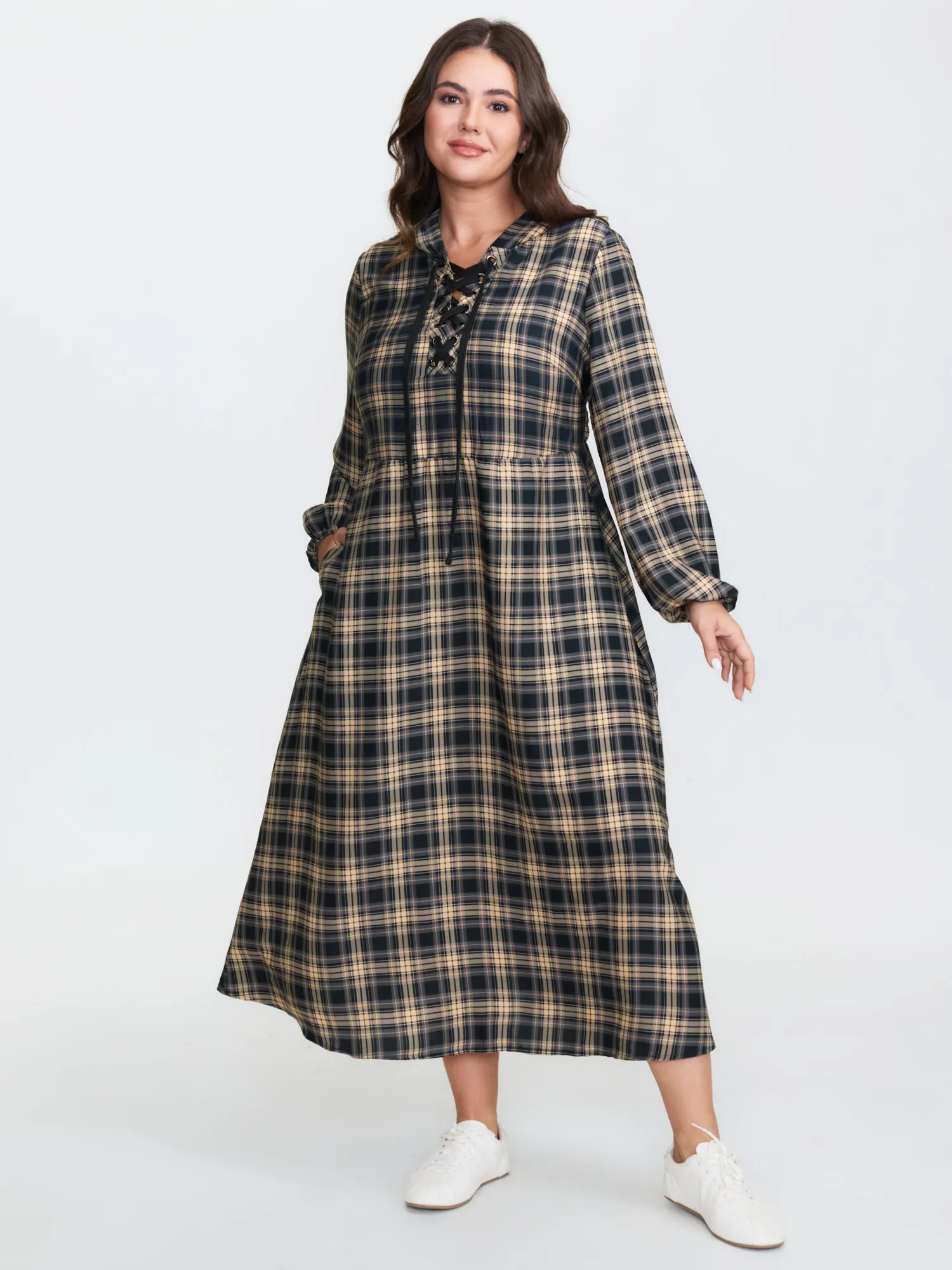 Checkered Pattern Hooded Drawstring Midi Dress sold by Bloomchic product image thumbnail 3